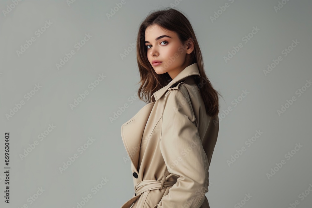 A fashionable brunette woman poses indoors in an elegant cloak, embodying stylish beauty and seasonal charm. A fashionable brunette woman poses indoors in an elegant cloak, embodying stylish beauty and seasonal charm.