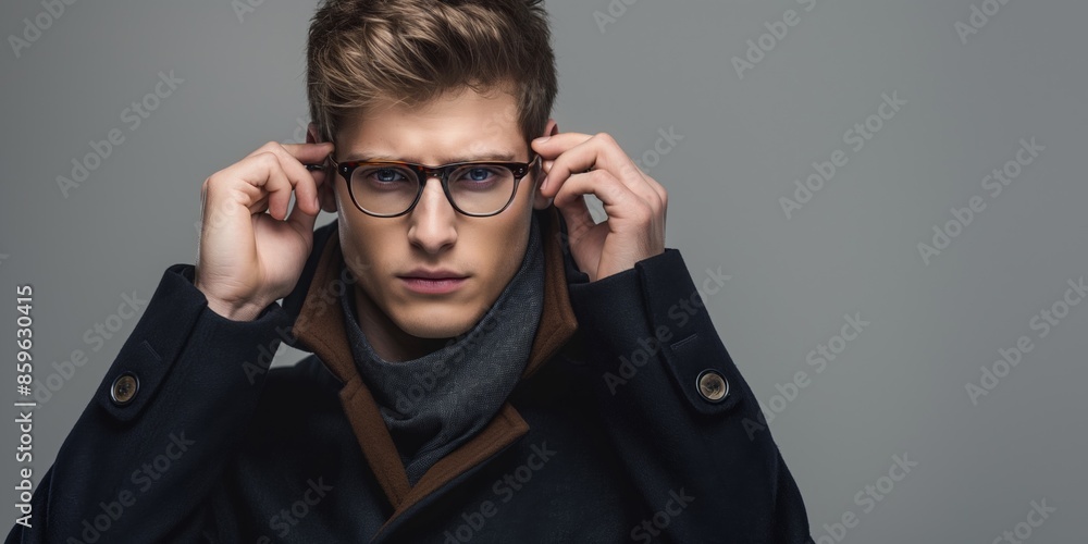 Trendy young man in glasses and a stylish jacet, posing confidently in a studio portrait.