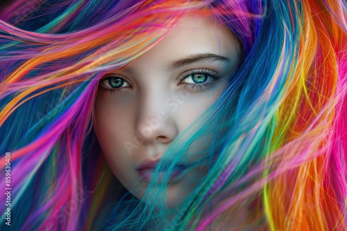 Fashionable woman with colorful hair in studio portrait, showcasing vibrant style and beauty.