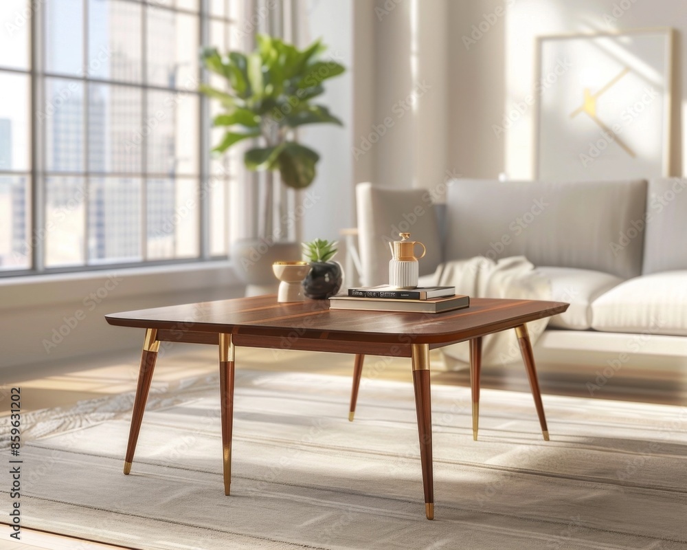 Fototapeta premium Elegant Mid Century Modern Walnut Coffee Table in Sun Drenched Living Space