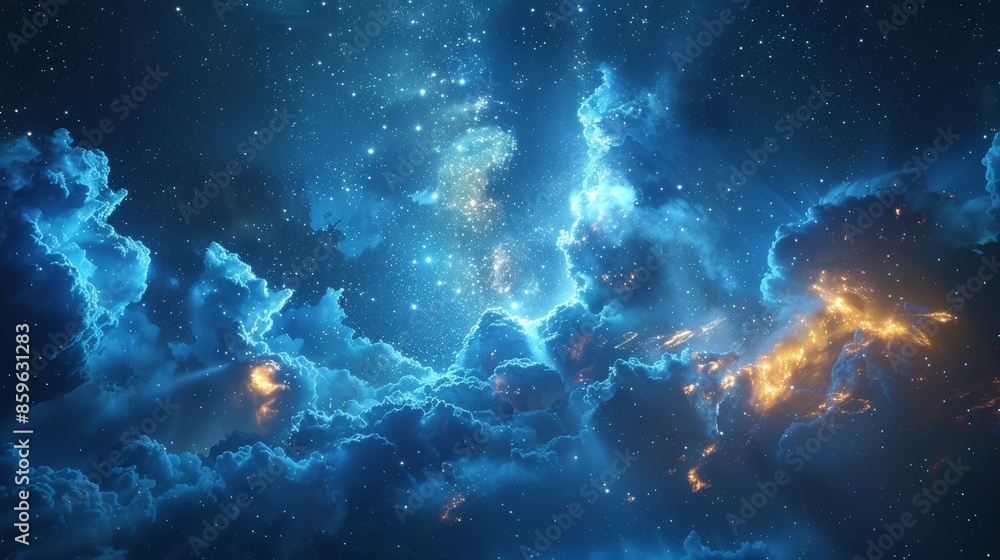 An artistic image showcasing a night sky filled with countless stars and illuminated clouds, creating a mesmerizing and dreamy scene of the celestial universe. An artistic image showcasing a night sky filled with countless stars and illuminated clouds, creating a mesmerizing and dreamy scene of the celestial universe.