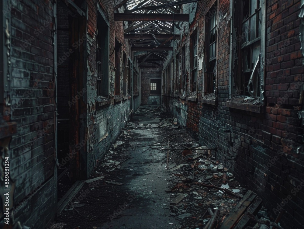 Eerie Abandoned Industrial Hallway with Crumbling Brick Walls and Shattered Windows Eerie Abandoned Industrial Hallway with Crumbling Brick Walls and Shattered Windows