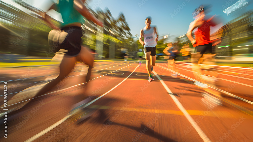 Fototapeta premium Blurred photo of individuals sprinting on a running track 
