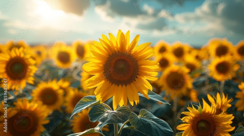 Fototapeta premium Field of blooming sunflowers at sunset, close-up view. Nature and agriculture concept