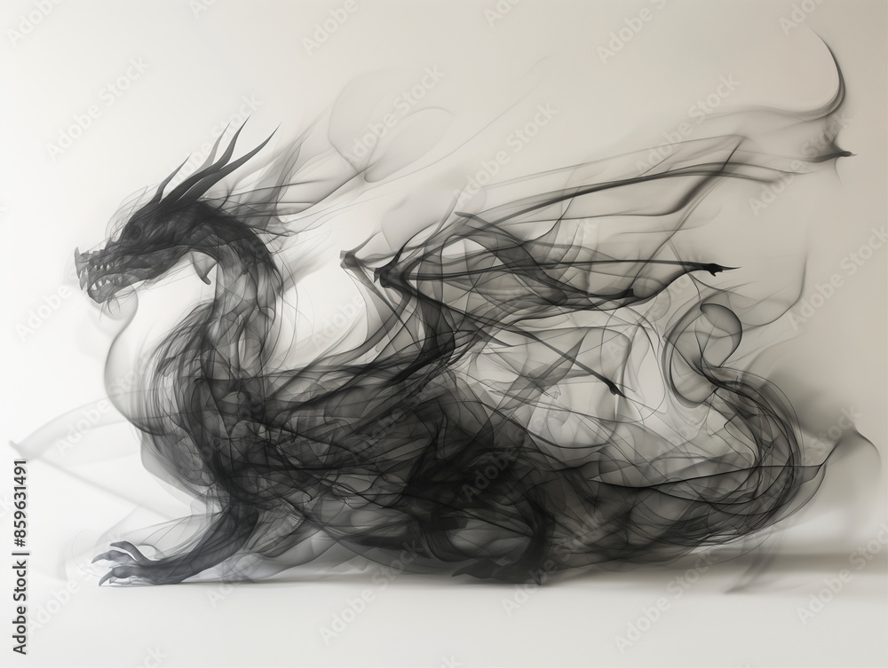 Fototapeta premium An abstract depiction of a dragon, created with smoky black lines blending into a white haze background, capturing a sense of mystical and mythical intrigue.