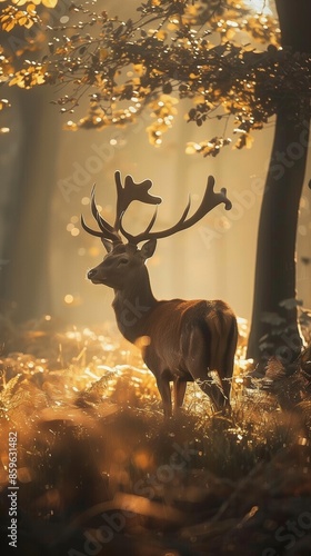 majestic deer with large antlers in golden sunlight forest scene during autumn © pier
