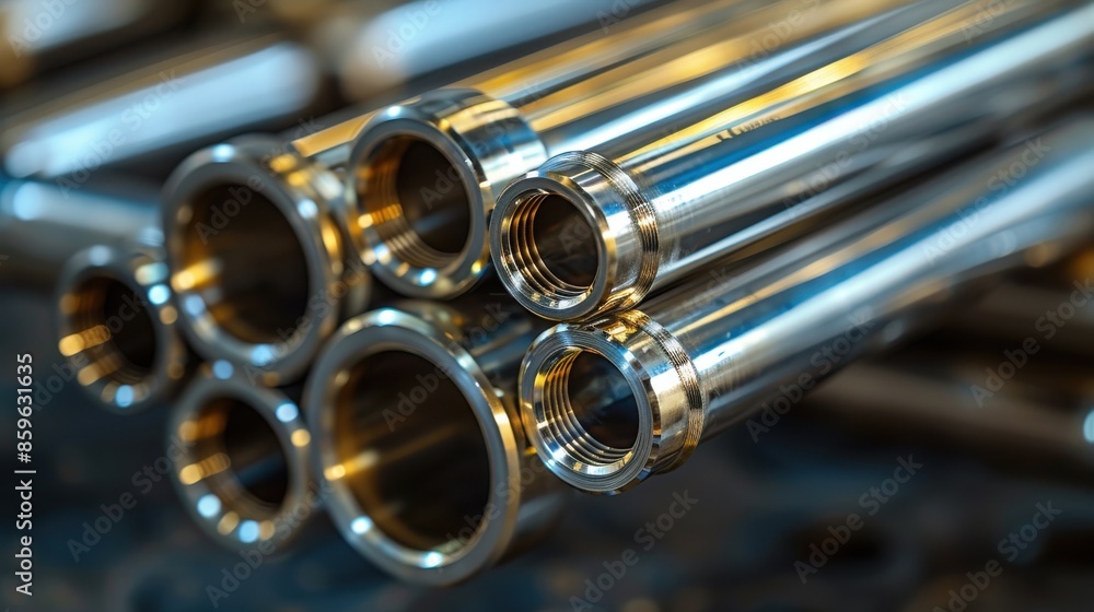 Naklejka premium Close-up of polished metal pipes with threaded ends arranged in a neat stack, showcasing their precision engineering and gleaming finishes under industrial lighting.