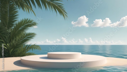 Empty podium for product presentation with palm leaf on seascape, vector illustration created with generative ai. © cd