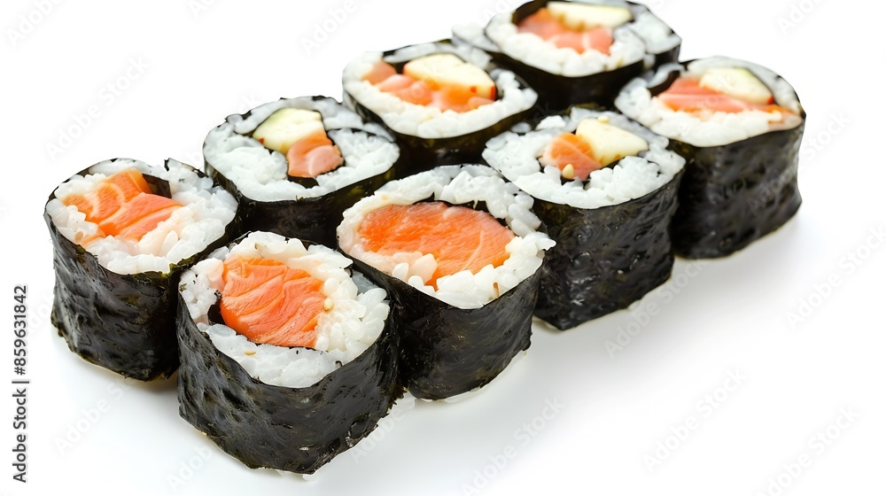 Sushi rolls rice with salmon and seaweed on white background japanese food : Generative AI Sushi rolls rice with salmon and seaweed on white background japanese food : Generative AI