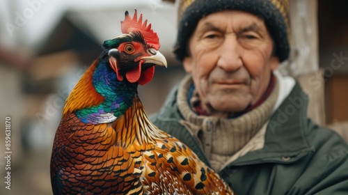 Male Romanian pheasant held by man on poultry farm photo