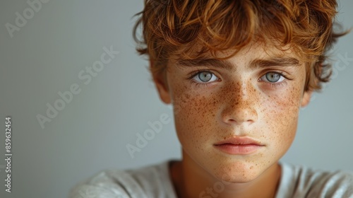 A boy with freckles and messy hair, wearing a white shirt, looks thoughtful while gazing directly at the camera. The background is plain, highlighting his focused expression.