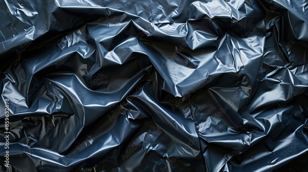 A detailed image displaying a dark blue plastic sheet with intricate folds and crumples, creating a complex and textured surface with reflective qualities. A detailed image displaying a dark blue plastic sheet with intricate folds and crumples, creating a complex and textured surface with reflective qualities.
