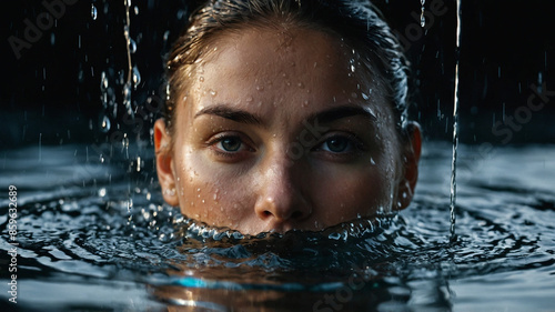  a close-up scene of a person with the water forming an artistic, suspended splash that partially obscures their face. photo