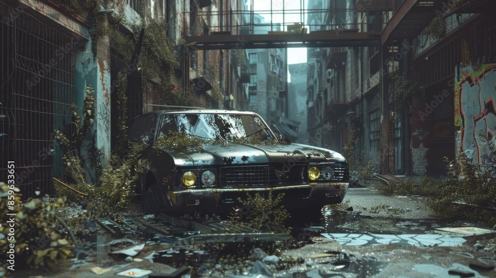 Obraz premium Abandoned Vintage Car Blocking Crumbling Urban Street with Peeling Paint and Overgrown Weeds