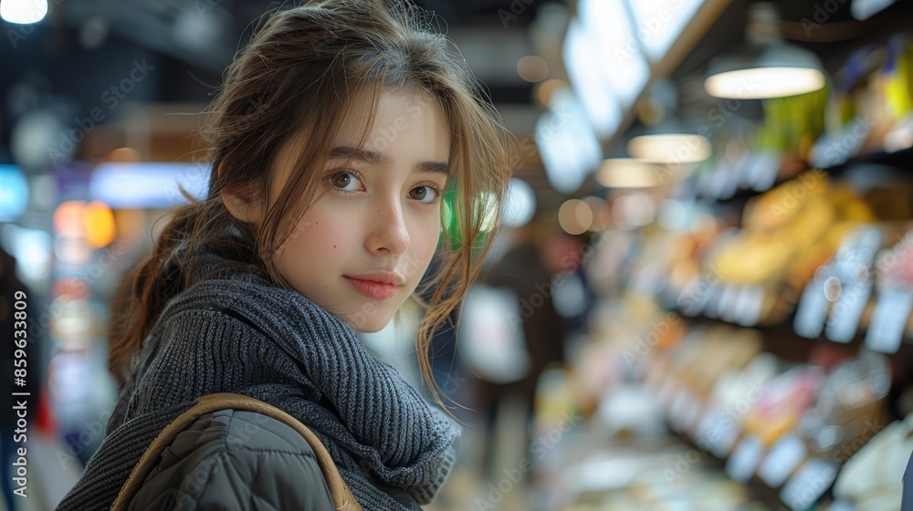 A young woman dressed warmly with a scarf and jacket stands in a vibrant marketplace, surrounded by colorful products and a lively atmosphere filled with lights. A young woman dressed warmly with a scarf and jacket stands in a vibrant marketplace, surrounded by colorful products and a lively atmosphere filled with lights.