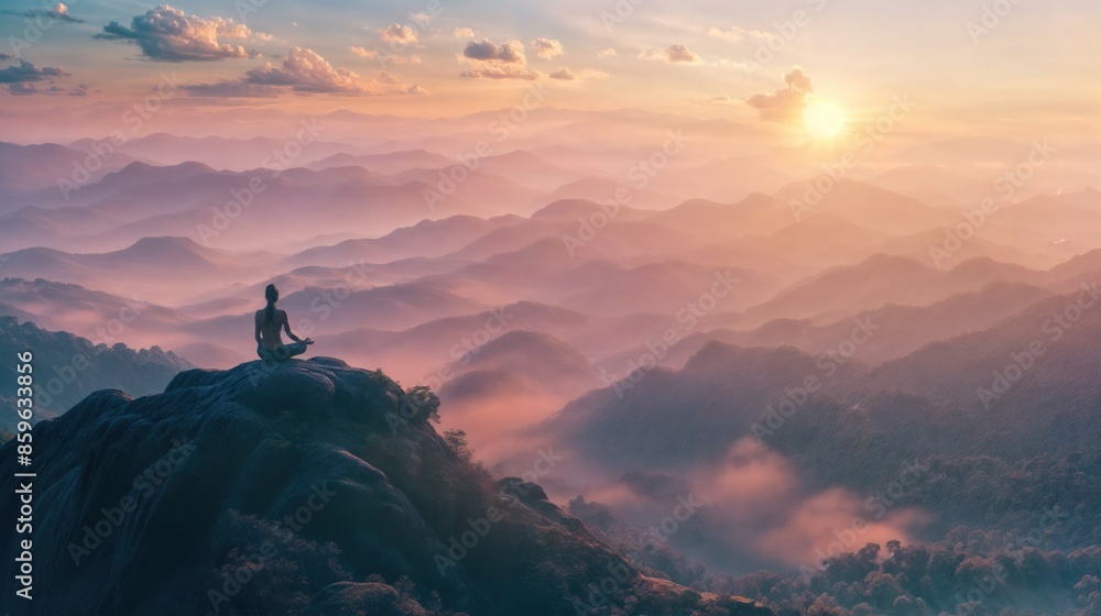 Woman practicing yoga on a mountaintop