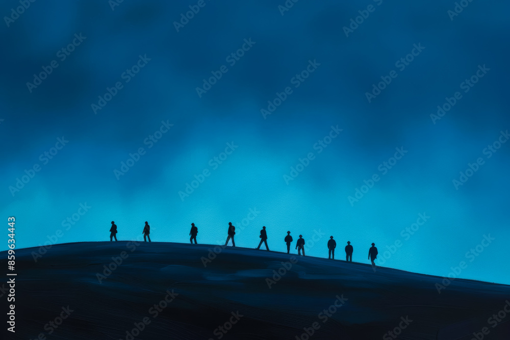 Silhouetted against a twilight sky, a group of hikers embarks on a journey, symbolizing adventure and teamwork Silhouetted against a twilight sky, a group of hikers embarks on a journey, symbolizing adventure and teamwork
