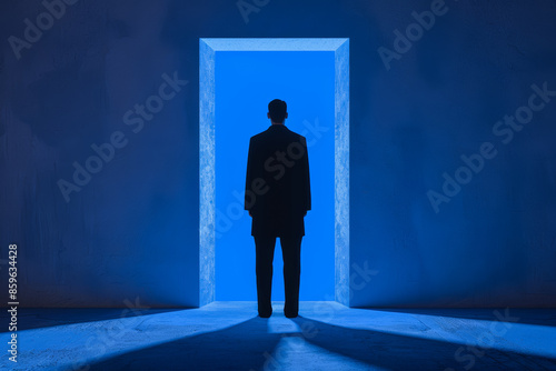 Silhouette of an African American man standing in a doorway against a blue backdrop, symbolizing new opportunities and future potential