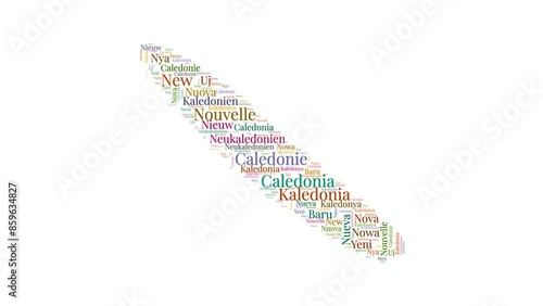 New Caledonia shape words animation. New Caledonia boundary filled with country names animated. Country opening, intro, presentation video.