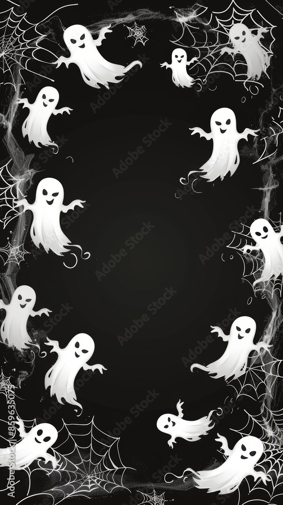 Ghostly Halloween Border with Floating Ghosts and Spider Webs Ghostly Halloween Border with Floating Ghosts and Spider Webs
