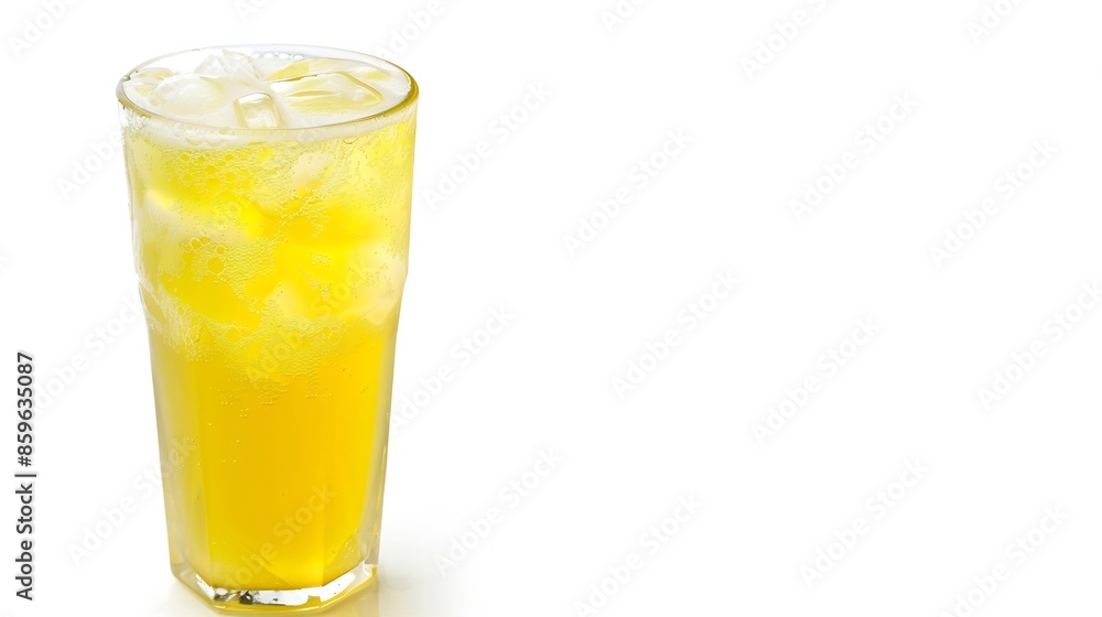 Glass of yellow soda soft drink isolated on white background Sweet fruit taste of pear apple vanilla or cream soda : Generative AI Glass of yellow soda soft drink isolated on white background Sweet fruit taste of pear apple vanilla or cream soda : Generative AI