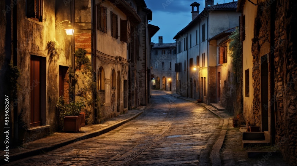 A quaint Italian village street at dusk, illuminated by warm lamplight A quaint Italian village street at dusk, illuminated by warm lamplight
