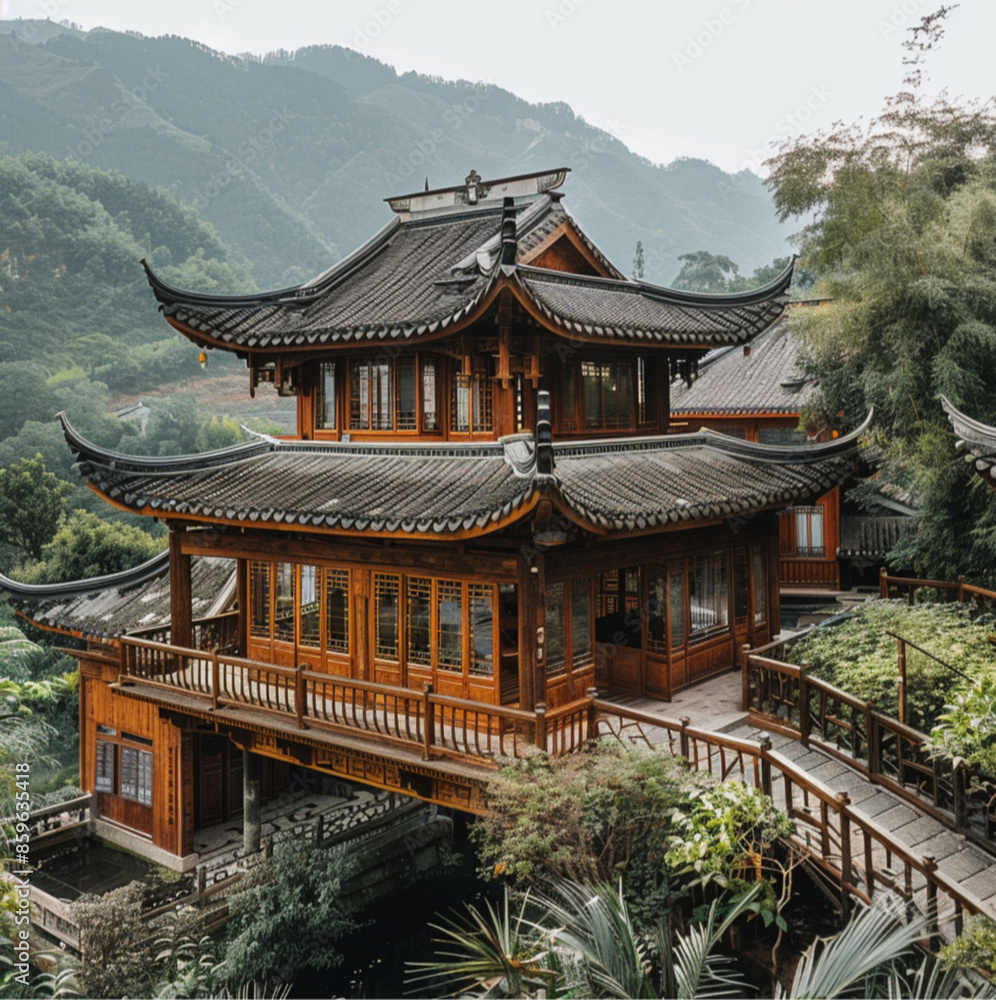 a traditional Chinese style wooden small house with a view of nature, mountains, and streams. a traditional Chinese style wooden small house with a view of nature, mountains, and streams.