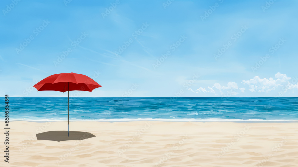Fototapeta premium A solitary red beach umbrella provides shade on a sunny, serene tropical beach, perfect for summer relaxation and vacations