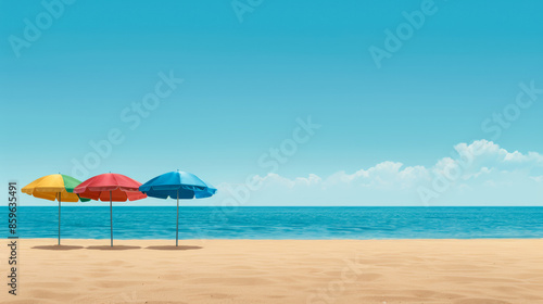 Colorful beach umbrellas on a serene sandy shore under a clear blue sky, evoking summer vacation and relaxation
