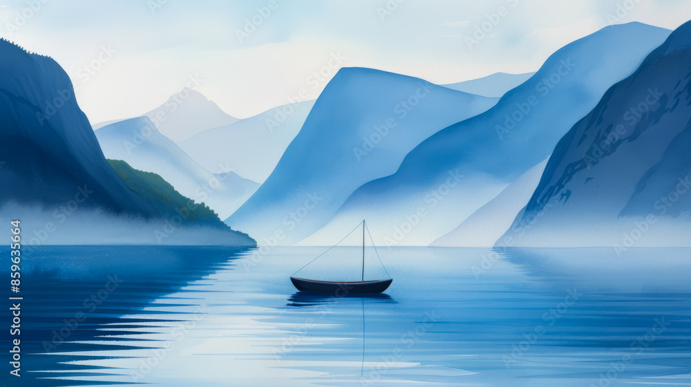 A serene sailboat on a misty fjord surrounded by majestic blue mountains, ideal for travel and nature relaxation concepts A serene sailboat on a misty fjord surrounded by majestic blue mountains, ideal for travel and nature relaxation concepts