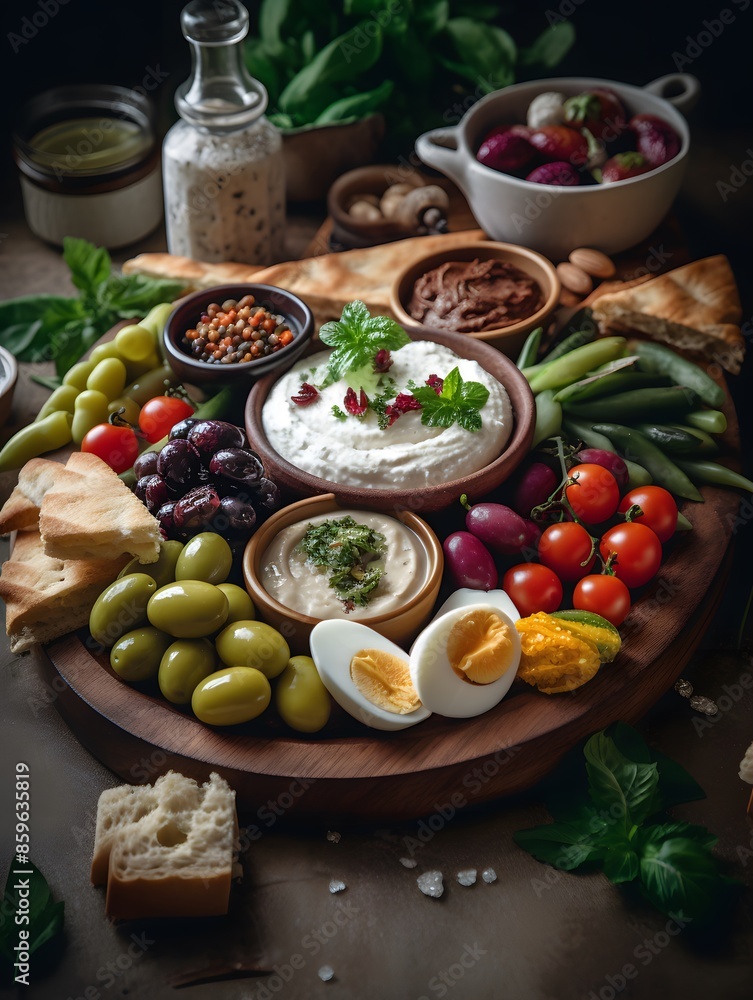 Mediterranean Mezze Platter with Hummus, Olives, and Pita Bread Mediterranean Mezze Platter with Hummus, Olives, and Pita Bread