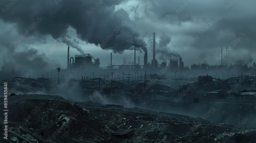 Fototapeta premium Smoke billows from numerous chimneys over dark land and old structures under a heavy, cloudy sky. The ground is uneven with scattered debris.
