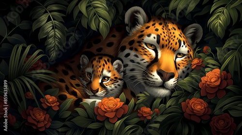 Illustration of an jaquar, leopard and her baby, father, mother and child, with tropical forest plants and flowers in the background. photo