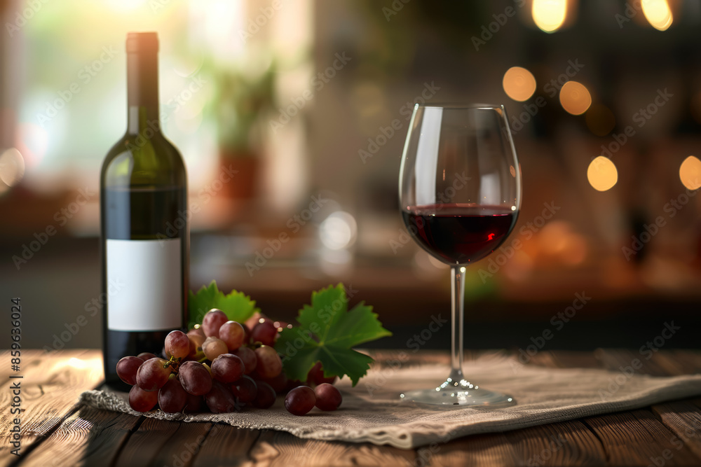 Obraz premium A cozy, intimate setting featuring a bottle of red wine, a glass, and fresh grapes, perfect for a romantic evening or celebrating Valentine's Day