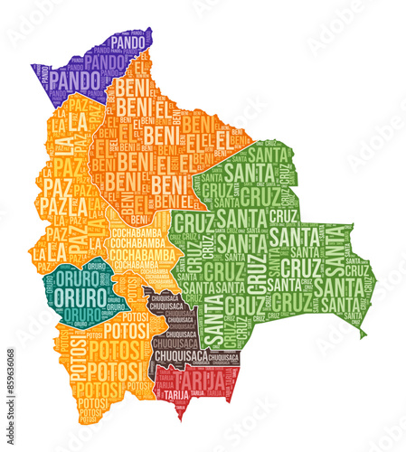 Bolivia shape. Country word cloud with regional division. Bolivia colored illustration. Region names cloud. Vector illustration.