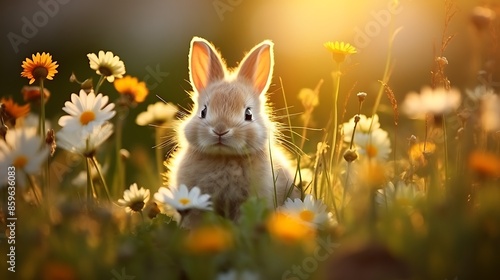 Adorable baby bunny nestled in a bed of wildflowers in a sunlit meadow. © Faisu