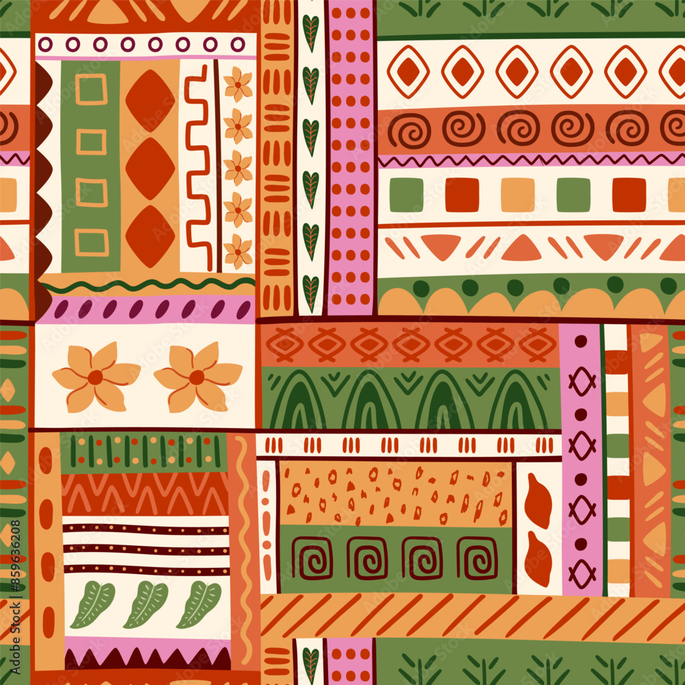 African tribal patchwork seamless pattern. Hand drawn texture, cute ethnic and tropical geometrical ornament. Summer boho vector print, wallpaper, tropical textile design, bright stripes jungle design
