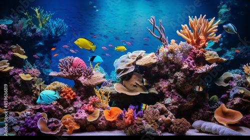 A beautiful underwater scene with vibrant fish swimming through a lush coral reef