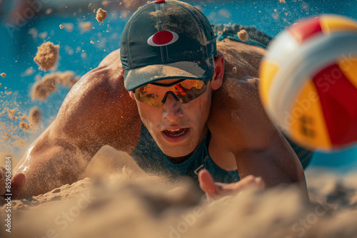 Beach volleyball player diving for the ball, sand flying, intense focus, dynamic action. photo