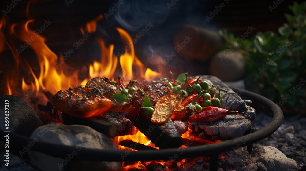 Food cooking over an open fire Food cooking over an open fire