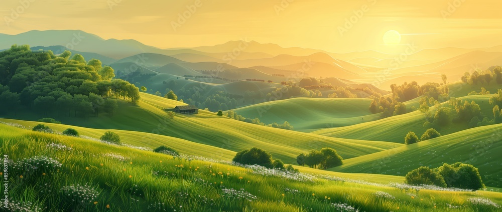 Fototapeta premium A beautiful green landscape with rolling hills and grass at sunset. The sun is setting in the background