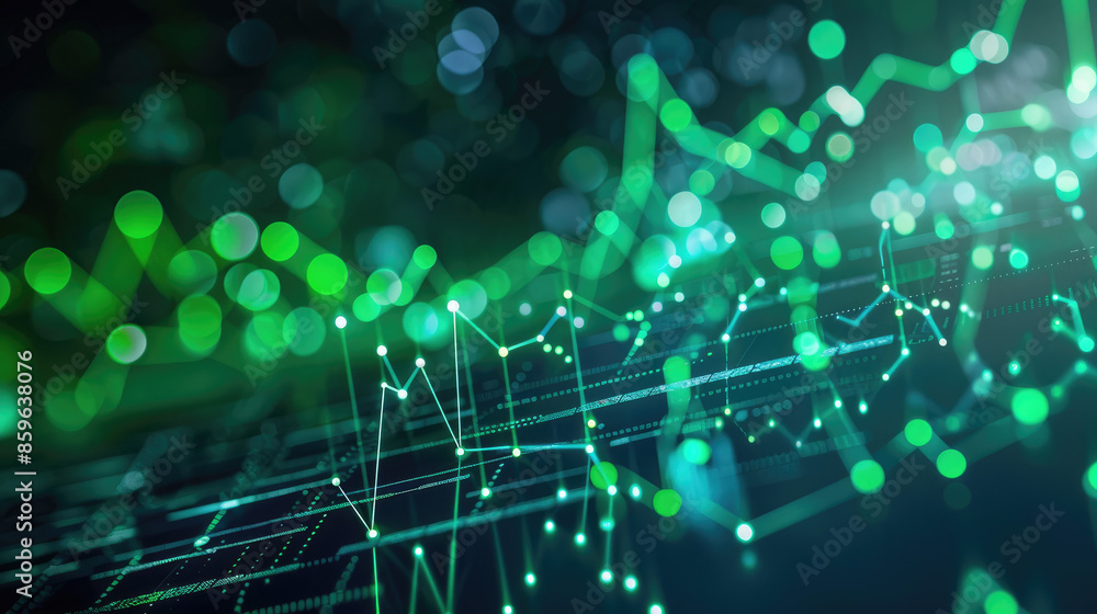 Bright green and blue lines and dots form graphs and charts on a dark background, creating a digital, futuristic appearance. Bright green and blue lines and dots form graphs and charts on a dark background, creating a digital, futuristic appearance.