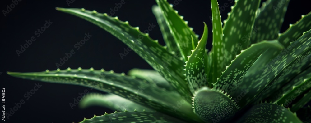 Close-up of vibrant green aloe vera plant against dark background, botanical concept Close-up of vibrant green aloe vera plant against dark background, botanical concept