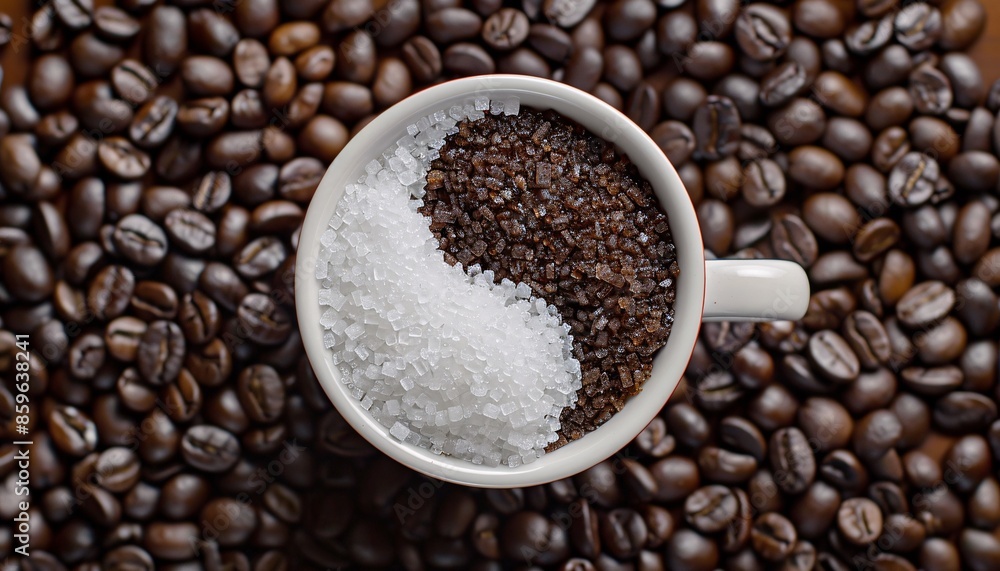 Yin Yang Symbol Made of White and Brown Sugar in Coffee Cup Surrounded by Coffee Beans Yin Yang Symbol Made of White and Brown Sugar in Coffee Cup Surrounded by Coffee Beans