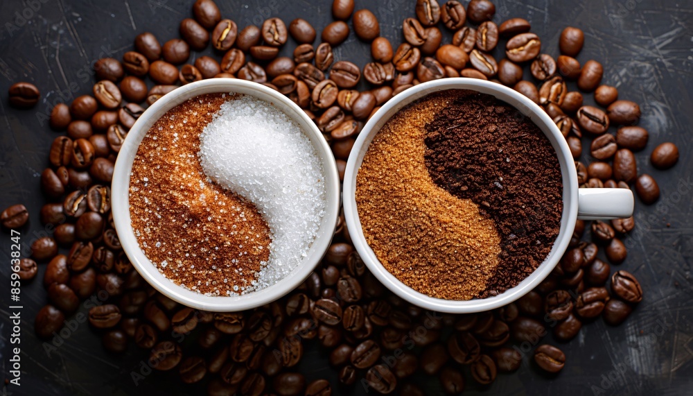 Yin Yang Coffee Cups with Sugar and Coffee Grounds Surrounded by Coffee Beans on Dark Background Yin Yang Coffee Cups with Sugar and Coffee Grounds Surrounded by Coffee Beans on Dark Background