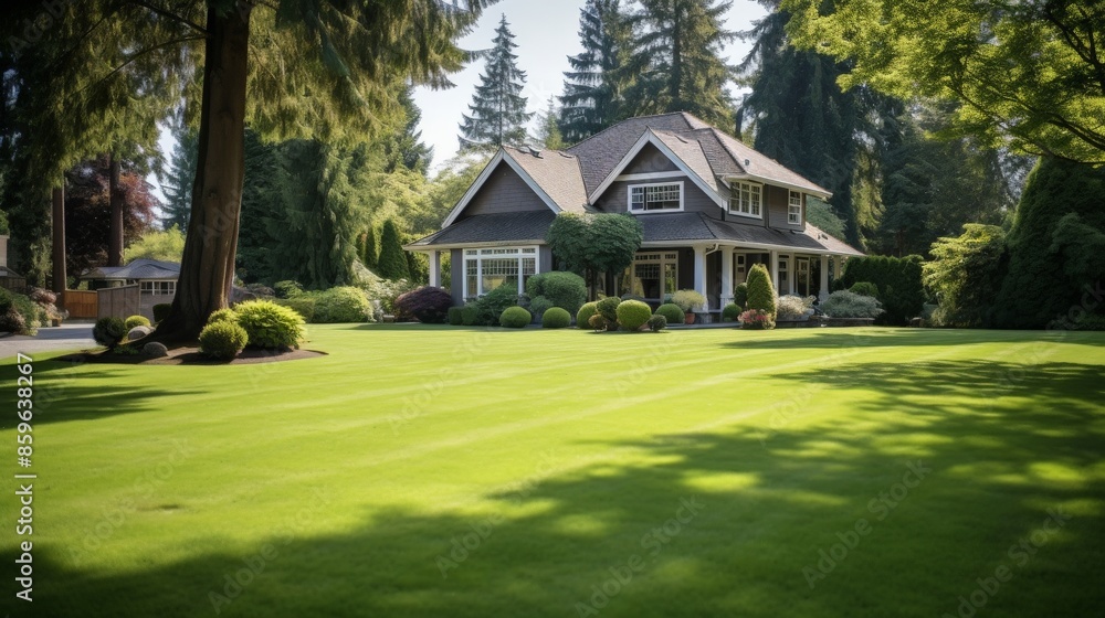 A green lawn with a house in the background A green lawn with a house in the background