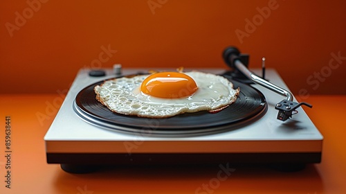 Creative Concept of Fried Egg on Vinyl Record Player Against Vibrant Orange Background