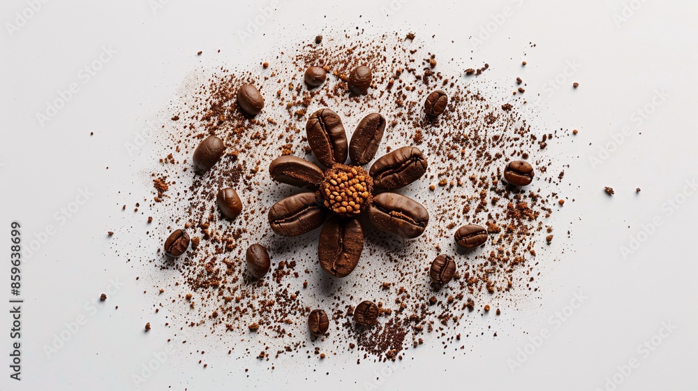 Coffee Beans and Ground Coffee Arranged in Flower Shape on White Background for Creative Food and Beverage Concepts Coffee Beans and Ground Coffee Arranged in Flower Shape on White Background for Creative Food and Beverage Concepts