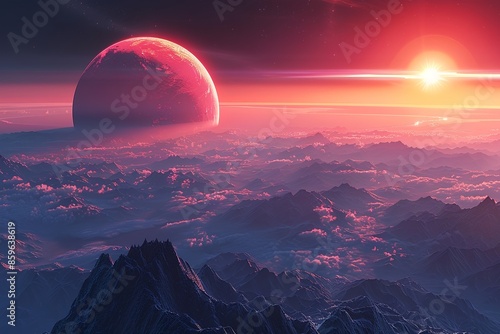 Fantastische Sci-Fi-Landschaft mit riesigem Planeten und Sonnenaufgang photo