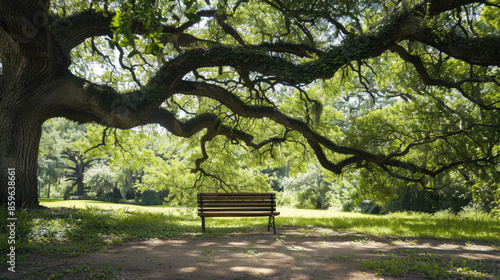 A wooden bench sits under the shade of a large tree with sprawling branches in a peaceful, sunny park.